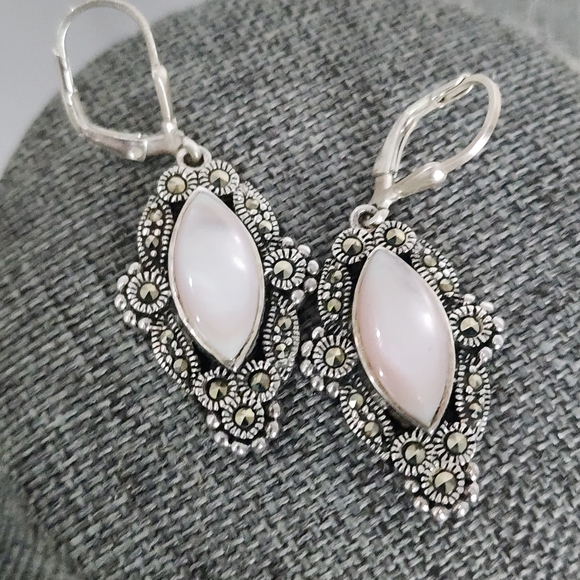 Sterling Silver Mother of Pearl Marcasite Earrings Drop Dangle - Picture 2 of 8